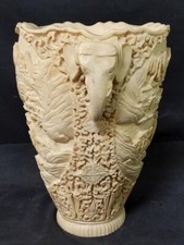 Vintage Asian Vase Carved Resin Stone Scenic Elephant Handles Wood Base 10.5  