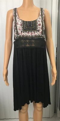 Vintage Havana Womens Size L Baby Doll Flair Dress Black Crochet & Flowers O