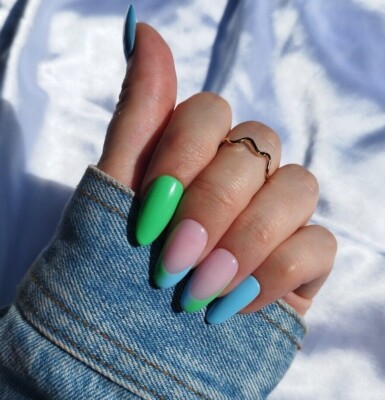 Press on Nails, Ombre Blau Grün French Tip, Frenchies Mandelsarg Stiletto