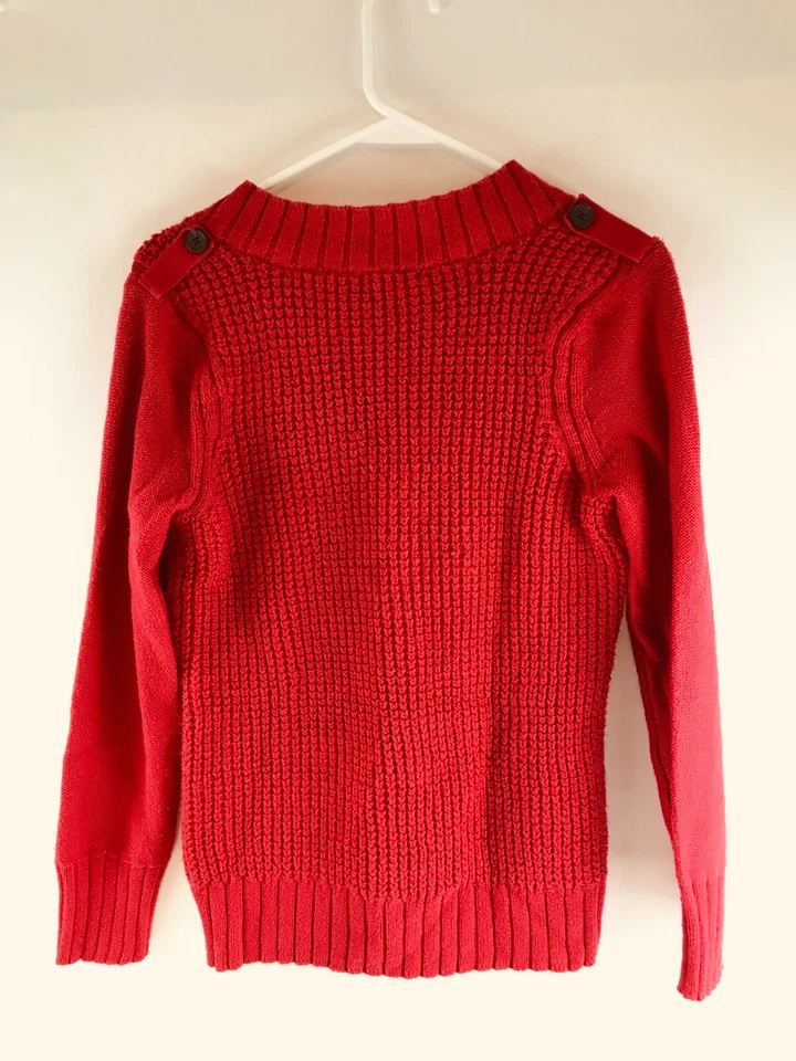 Suéter DKNY Para Mujer Talla Pequeña Rojo Pullover Cuello en V Bordes Acanalados Cordón Tejido Foto 2 de 4