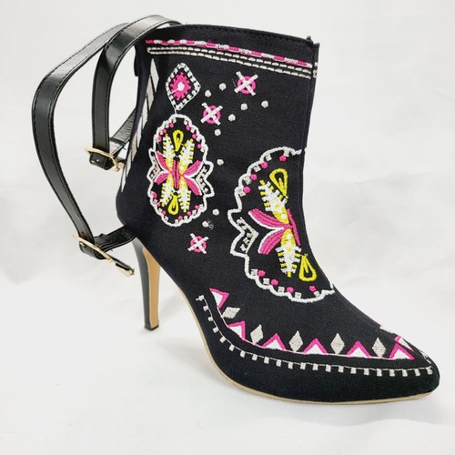 Women's Embroidered Stiletto Ankle Boots, Size 7.5 Handmade, Soft Fabric Outsole - Picture 11 of 15