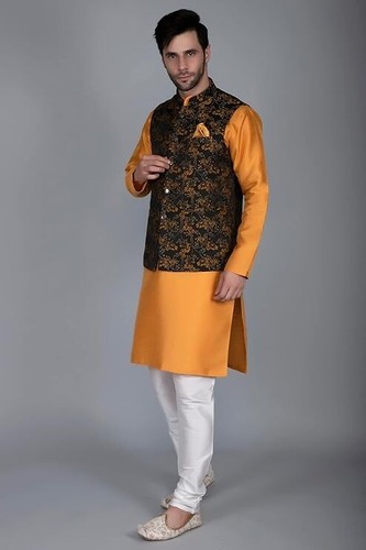 Men's Silk Blend Kurta & Churidar Pyjama With Ethnic Bundi Jacket | 3 In 1 | - Imagen 51 de 182