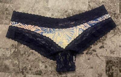 NWT VICTORIA'S SECRET SMALL PALM FERN NAVY BLUE FLORAL LACE RARE CHEEKY PANTIES