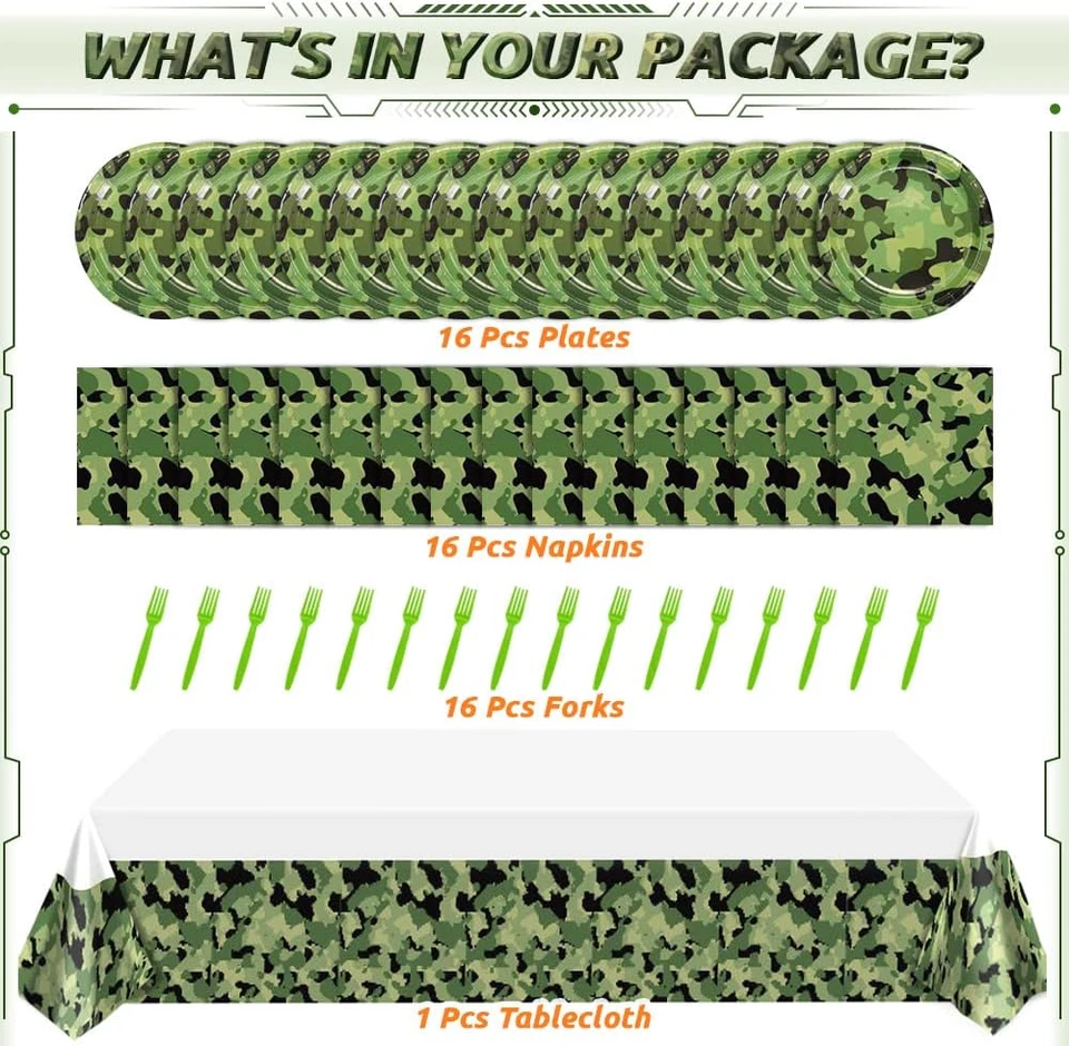 Juego de suministros de fiesta camuflados para 16 invitados camuflaje temática ejército fiesta militar Foto 2 de 4