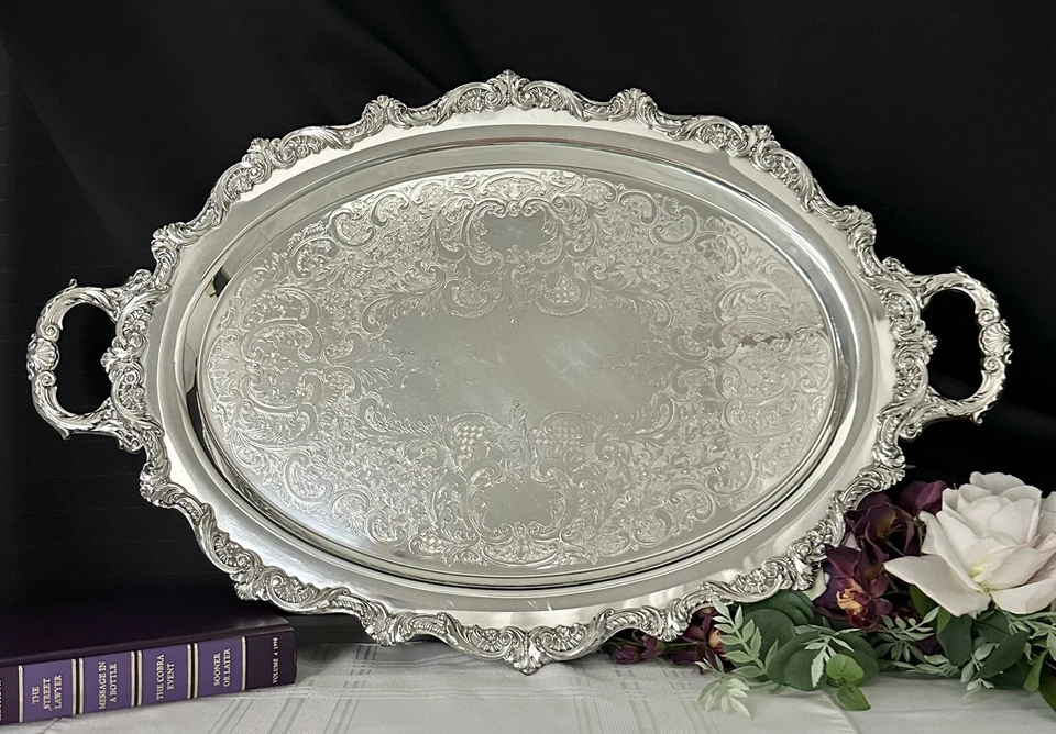 Toalha banhada a prata bandeja pé mordomos bandeja de servir prata cabo vintage * - Imagem 2 de 4