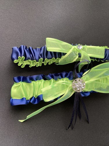 Wedding Bridal Garter Navy And Apple Green , Handmade New - Picture 2 of 5