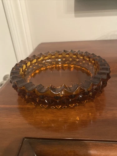 Vintage Fenton Amber Glass Hobnail Sawtooth Ashtray Trinket Dish 6-1/4”