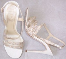 RENE CAOVILLA White Silver Gold Crystal Bead Embellished Sandals Shoes 36.5