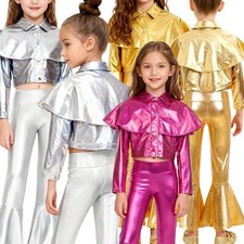 Kids Girls Set Pants Outfits Shiny Costume Ruffle Modern Jacket Competition