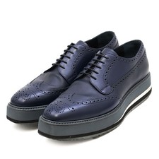 PRADA Leather Dress Shoes Wingtip Full-brogue Platform-sole Men Size 7 Blue