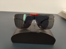 Prada Shield Sunglasses with Red Logo Bar - Dark Grey Lenses, Full Set with Case