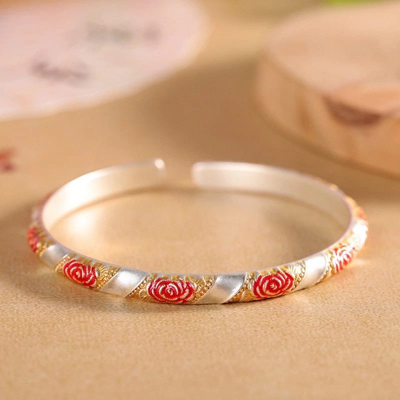 Jadelry: Brazalete abierto de lujo ligero 9999 plata fina oro pintado peonía arte Foto 3 de 4