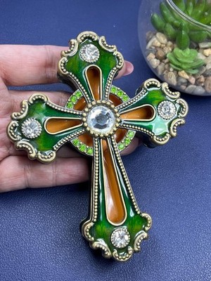 Vintage Green enamel/rhinestone cross keepsake/rosary box