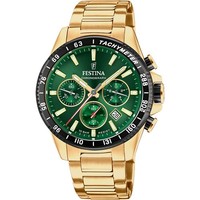 Festina Chronograph F20634-4 GrüN Edelstahlband Vergoldet 45 Mm