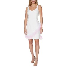 Laundry by Shelli Segal Women's Cocktail Dress Size 6 White Feather Trim Sheath