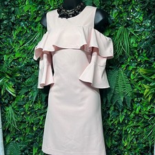 Eliza J Dress 8 Pink Cold Shoulder Ruffle Sheath Blush Flounce Cocktail 4011