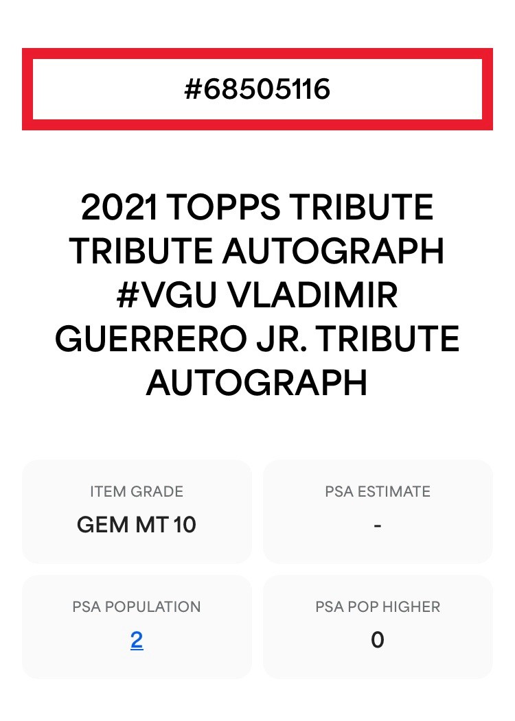 2021 Topps Tribute Vladimir Guerrero Jr. Auto #d /100 Tribute Auto PSA 10 POP 2 view 3