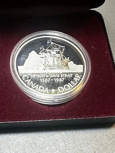 1987 Canadian Proof Silver Dollar Detroit de Davis Strait Canada Mint w/ Case