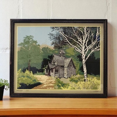 Norwegian Stavkirke Joseph Cook Framed Serigraph Screen Print Door County WI 14''