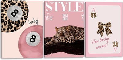 Pink Leopard Bow Canvas Wall Art Set 3 PCS 16x24 Inch Cheetah Print