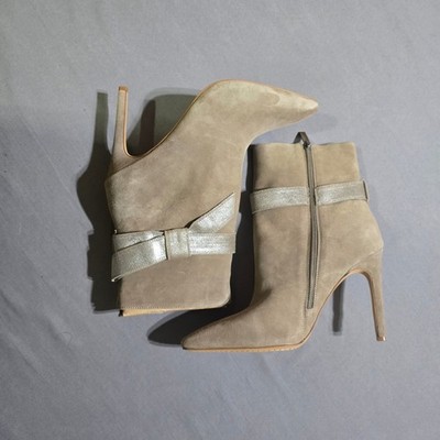 Nwob Vince Camuto Frezal Suede Ankle Boots Women 10M Taupe Bow Stiletto Pointed
