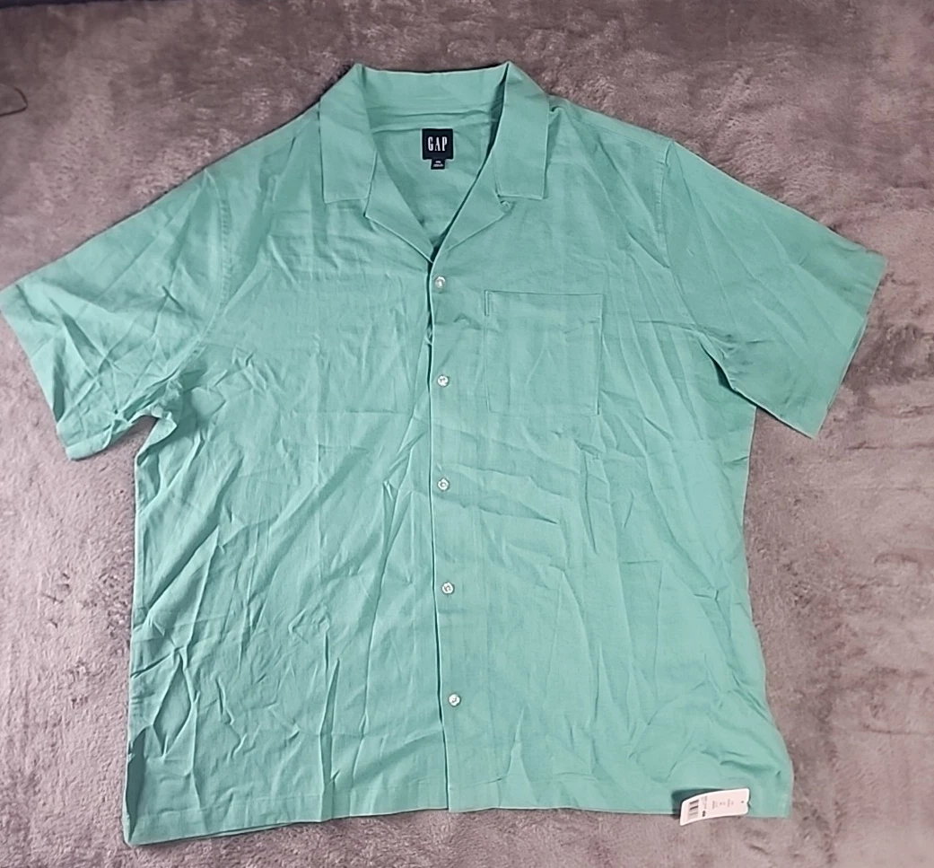 Gap Men's Short Sleeve Button-Up Linen Shirt Size XXL Green Pocket