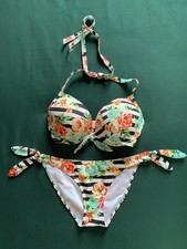 Boux Avenue Floral/Striped Halter Neck Padded Bikini | 30DD Top, Size 8 Bottoms