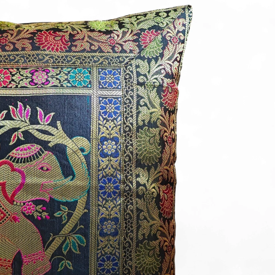 Indian Brocade Elephant Cushion Cover – Decorative Silk Throw Pillow Case, 16x16 - Image 3 of 4