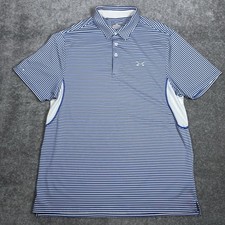 Under Armour Polo Shirt Men's XL Blue Striped HeatGear Loose Short Sleeve Golf