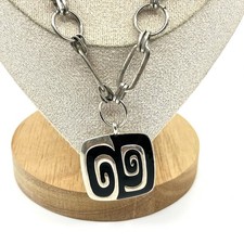 Vintage Retro Silver Tone Black Enamel Swirl Square Pendant Mixed Link Necklace