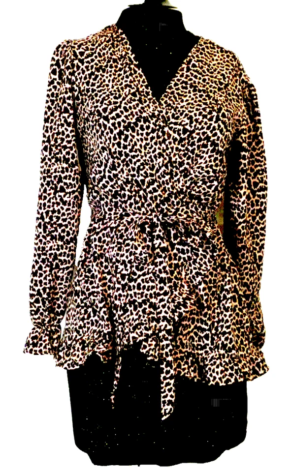 Blusa Ax Paris Leopardo Talla 4 Rosa Marrón Cinturón Volantes Manga Larga Nueva con Etiquetas