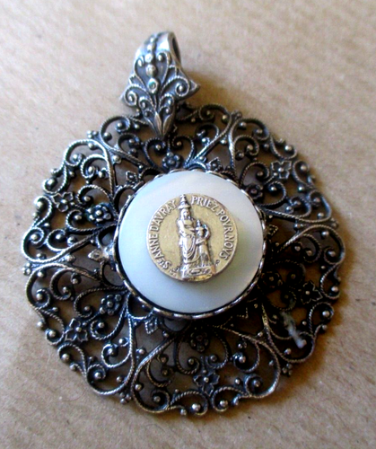 Pendentif Vintage En Argent Filigrane Avec Médaille Sainte Anne D'Avray - Réf. 5270 - État Parfait