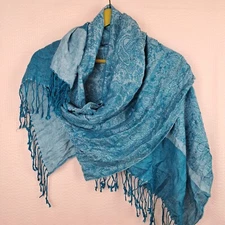 Rayon Blue Shiny Fringe Rectangular Scarf Pashmina Like