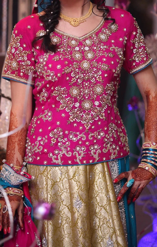 Vestido de novia paquistaní/indio diseñador ropa de novia vestido Mehndi choli lengha Foto 3 de 4