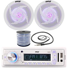 Pyle PLMR18 In-Dash Marine Receiver, 2 x 5.25'' LED Speakers w/ Wire, Antenna