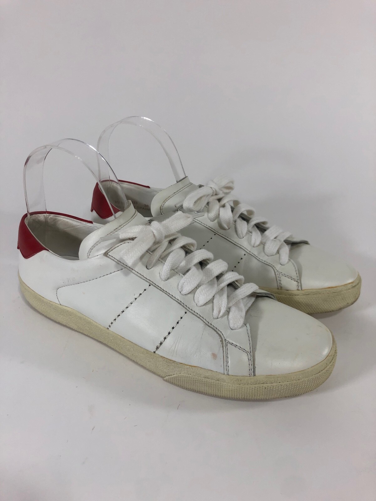 Saint Laurent Leather Low Top Sneakers in White Red Size 38