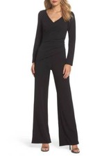 ADRIANNA PAPELL Black Crepe Stretch Knit Long Sleeve Ruched Pants Jumpsuit 4  S