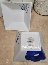 NWT 2-Cellar Whiteware-INDIGO BLOOM Blue Square 6.25” Salad/ Soup/Serving Bowls