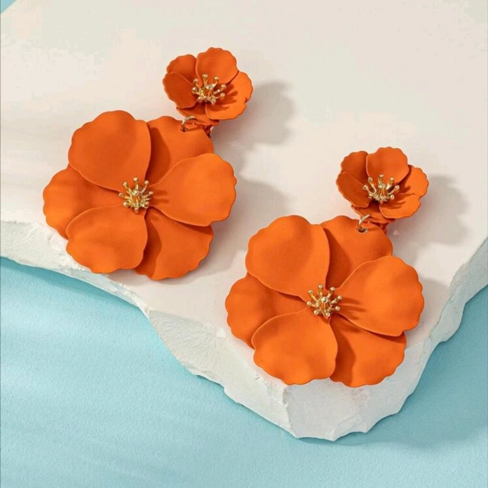 Pendientes Naranja Floral Bohemio - Suave Clip-on Flor Mandarina Pendiente Foto 3 de 4