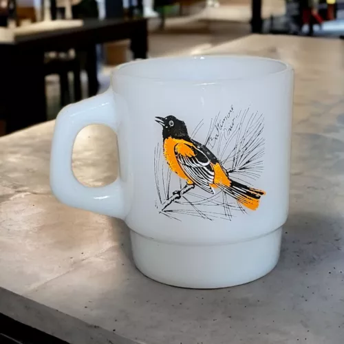 Vintage Anchor Hocking Fire King Milk Glass Coffee Mug with Cardinal and Oriole