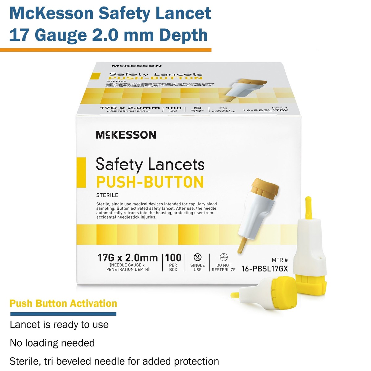Lancet McKesson Fixed Depth Lancet Blade 2.0 mm Depth 17 Gauge Lancet McKesson Fixed Depth Lancet Blade 2.0 mm Depth 17 Gauge