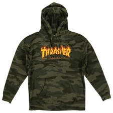 Thrasher Magazine FLAMES LOGO PULLOVER Skateboard Hoodie FOREST CAMO XL