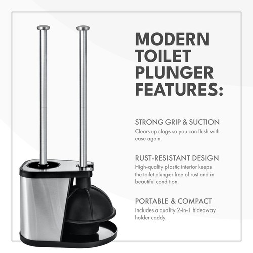 Stainless Steel Bathroom Cleaning Toilet Bowl Brush and Plunger Combo Set Black - Picture 3 of 8