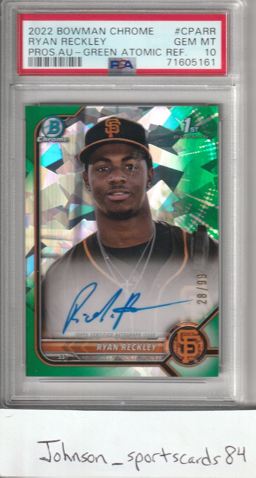 2022 BOWMAN CHROME PROSPECT AUTO TRUE GREEN REFRACTORS #CPARR RYAN RECKLEY #/99