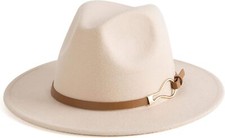 Fashion Women Wide Brim Fedora Floppy Panama Hat with Belt Medium, Beige