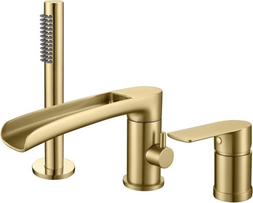 Grifo de bañera amplio dorado cepillado con ducha de mano flexible - Manguera de 59" - Imagen 3 de 11