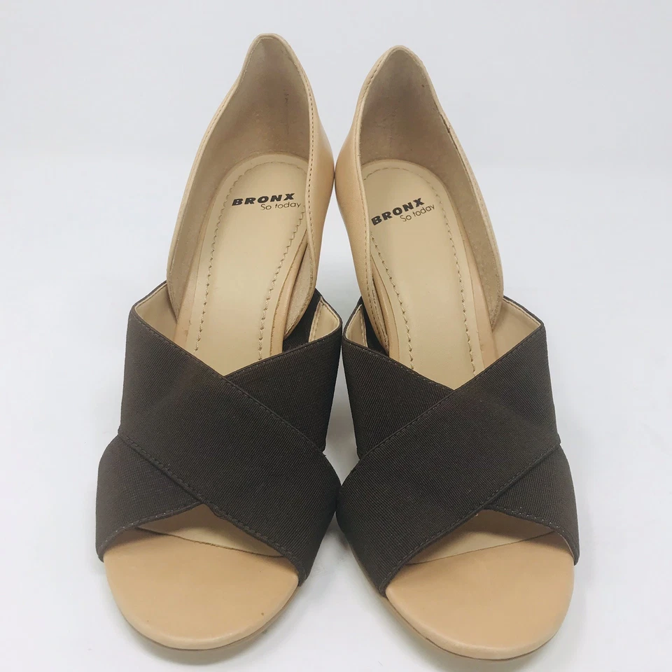 Bronx Women Size 7.5  Tan Leather Elastic Heels Sandals Peep Toe Geometric Heel - Image 2 of 4