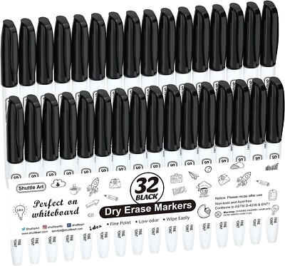 Shuttle Art Dry Erase Markers, 32 Pack Black Whiteboard Markers,Fine Tip Dry Era