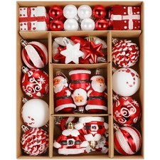 Christmas Ball Ornaments Set, 55 ct Red White Assorted Xmas Elements Theme Or...