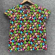 Cassandra O Scrub Top Women S Small Black New Year Print V-Neck Short Sleeve